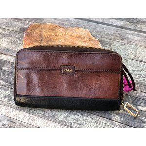 100% Authentic Chloe Brown Leather Zip Around Long Coin Case Wallet